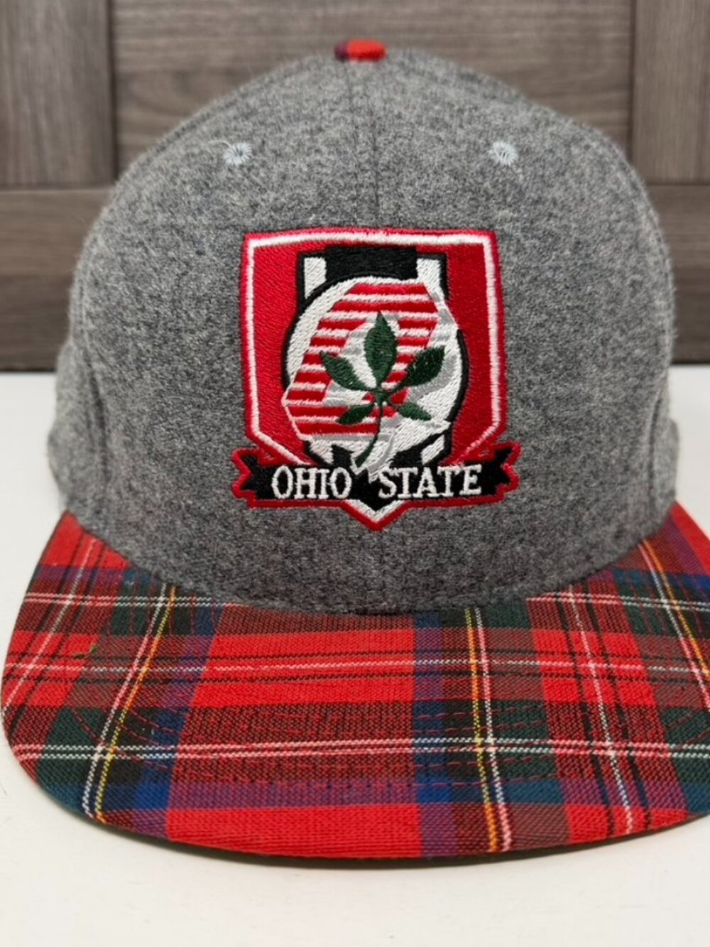 Vintage Ohio Snapback Hat Nutmeg Mills USA Gray Wool Plaid Brim Embroidered Cap